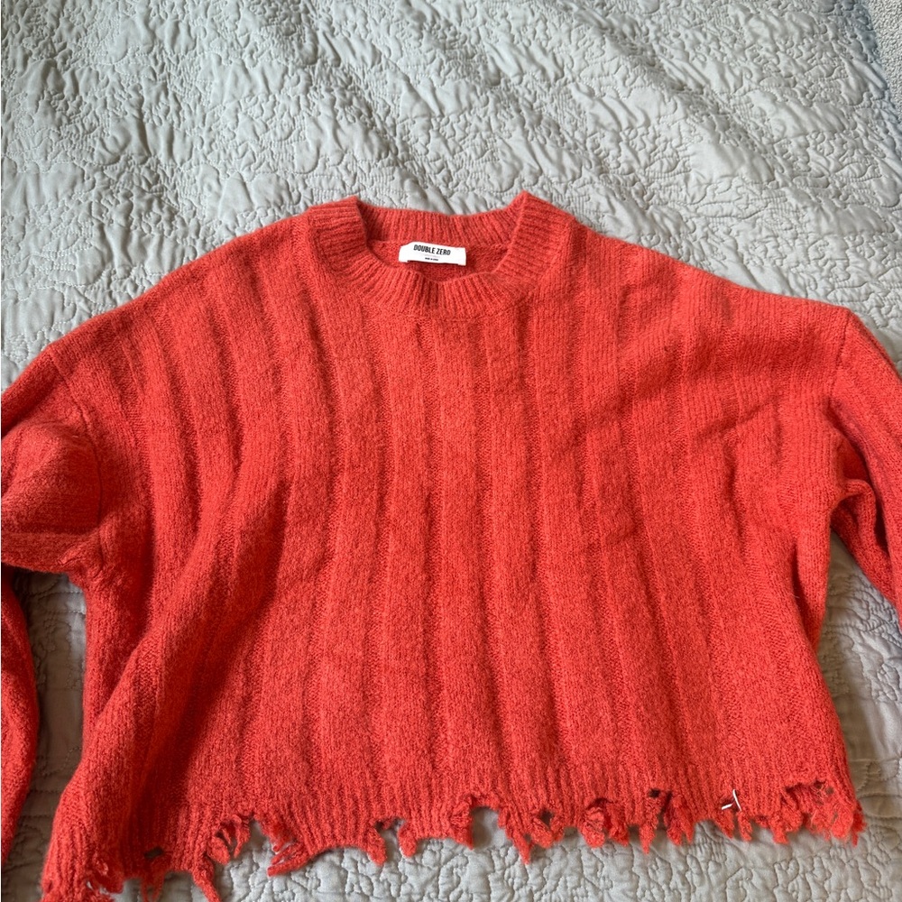 Double Zero Coral Red Crewneck Sweater with Distressed Hem
